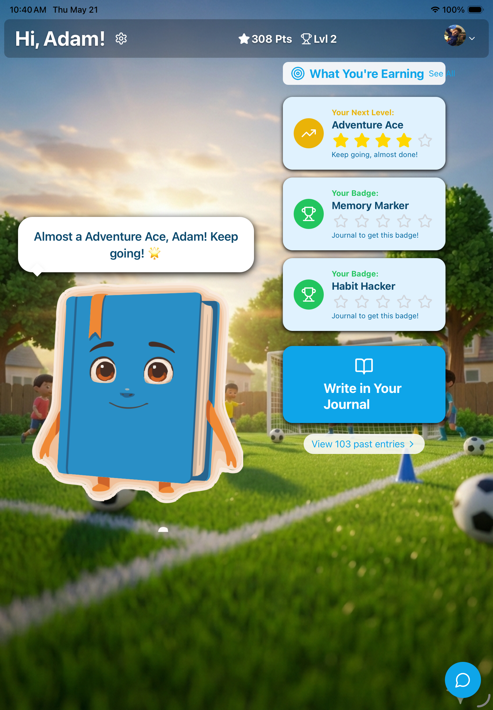 Lumey child home screen with rewards, badges, and a write in your journal button