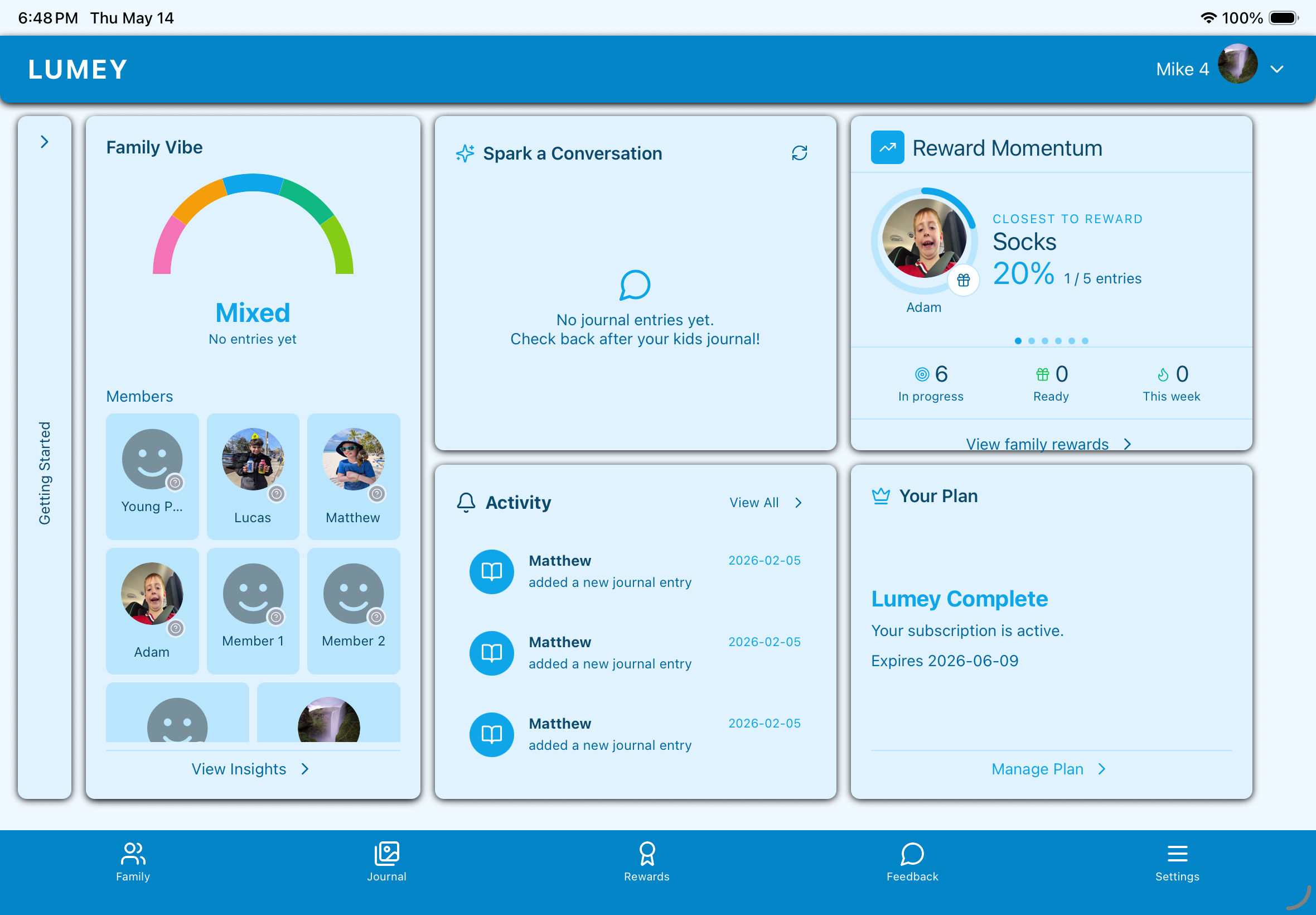 Lumey family dashboard showing family vibe, activity, rewards, and subscription plan panels